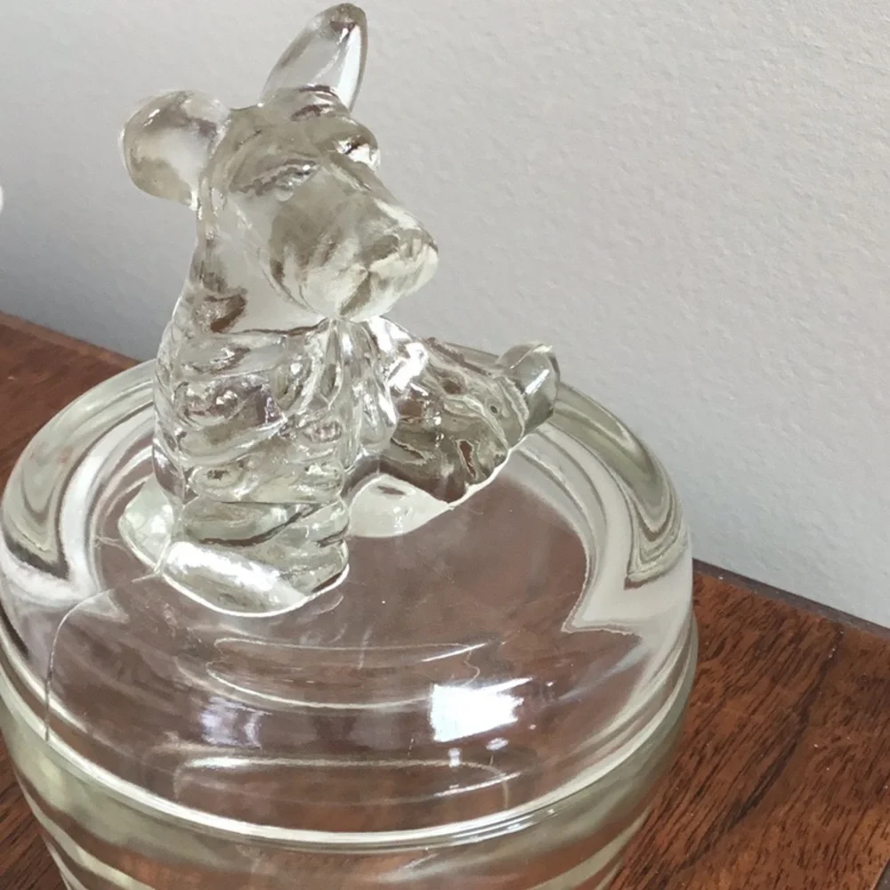VINTAGE clear glass Scottie dog powder dish, trinket dish with lid